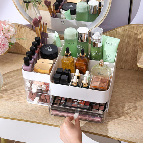White Makeup Organizer with 3 Drawers, Plastic Skincare and Cosmetic Storage for Vanity Countertop Organization
