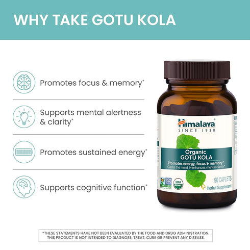 Himalaya Organic Gotu Kola Herbal Supplement - Energy, Focus, Memory, Cognitive Support, 90 Plant-Based Caplets