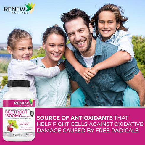 Renew Actives Organic Beetroot Supplement - 1300mg Extract for High Antioxidant Levels, 90 Veggie Capsules