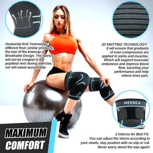 NEENCA Knee Braces for Knee Pain - 2 Pack Compression Sleeves with Adjustable Straps for Sports, Meniscus Tear,
