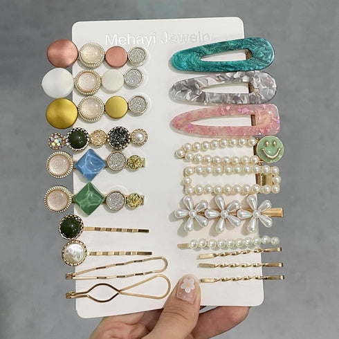 Mehayi 20 PCS Handmade Hair Clips, Pearls and Acrylic Resin Barrettes, Glitter Crystal Geometric Hairpin, Elegant Gold