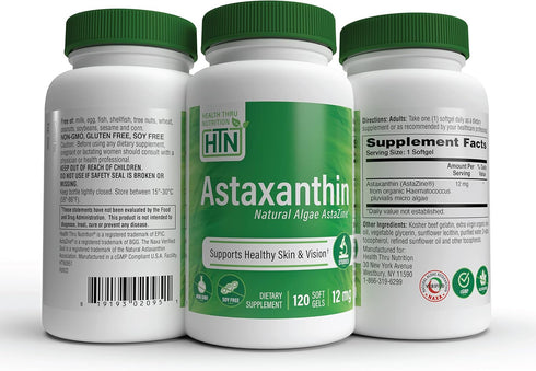 Health Thru Nutrition Astaxanthin Triple Strength - 120 Softgels, 12mg AstaZine from Algae for Skin and Vision Support