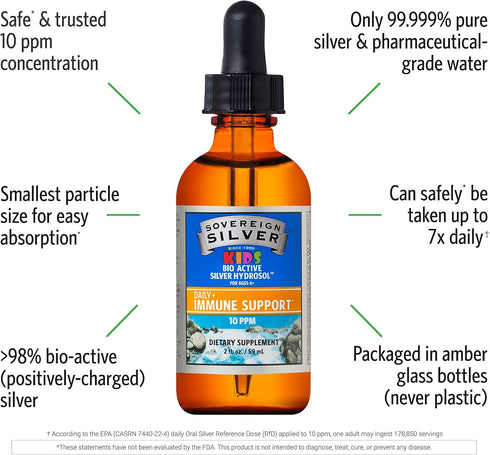 Sovereign Silver Kids Immune Support, Colloidal Silver, Bio-Active Silver Hydrosol, 10 ppm, 2 Fl Oz