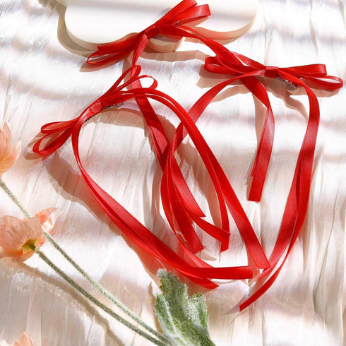 VOBOBE Hair Bows for Women - 4PCS Red Tassel Ribbon Bowknot Hair Clips Barrettes with Long Tail, Solid Satin