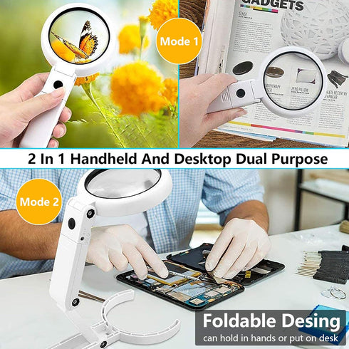 30X 10X Magnifying Glass with Light and Stand, Foldable Handheld for Seniors Reading and Close Work