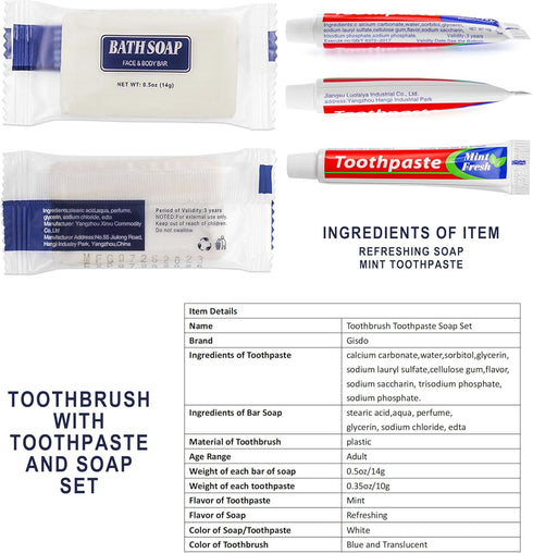 30 Pack Disposable Toothbrushes with Toothpaste and Soap, Individually Wrapped, 2 Colors, Hotel Travel Size