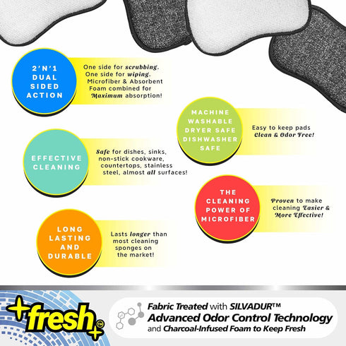 Fresh Large Professional Microfiber Scrub-N-Wipe Sponge Pads, 6-Pack, SILVADUR Odor Control Technology