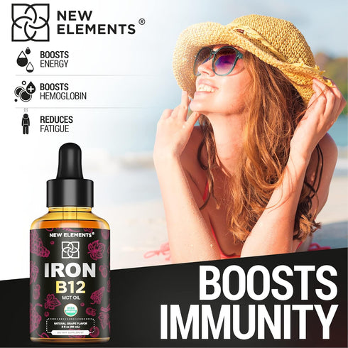 Liquid Iron Supplement for Women & Men - 2 Fl Oz - with Vitamin B12 5000mcg, Natural Grape Flavor, Blood Builder for