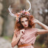 MOSTORY Handmade Pink White Antler Headband - Fairy Deer Horns Headpiece Boho Reindeer Hairband with Flowers Woodland Antler Hair Accessory for Renaissance Halloween Cosplay Party