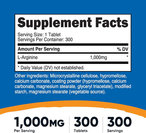 Nutricost L-Arginine 1000mg Amino Acid Tablets, 300 Tablets