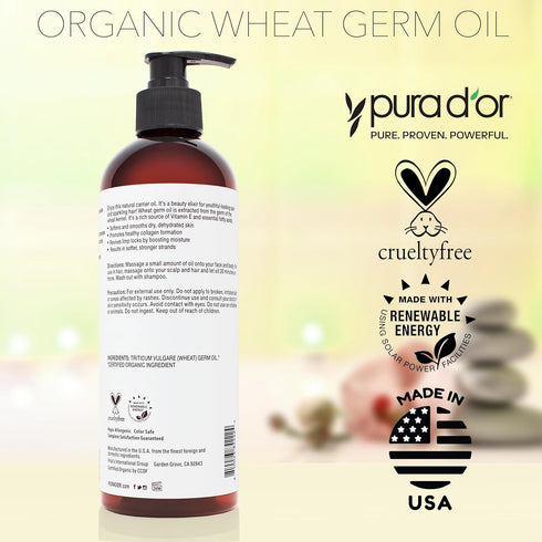PURA D'OR 16 Oz ORGANIC Wheat Germ Oil - 100% Pure & Natural Cold Pressed Carrier Oil, Vitamin E Rich for Healthy Hair
