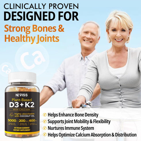 Vitamin D3 5000iu & K2 (as MK7) 200mcg Gummies + 600mg Calcium - High Absorption, Maximum Strength Vitamin D3 K2