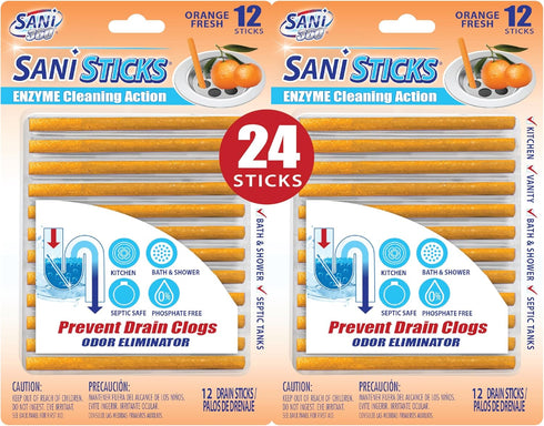 SANI 360° Sani Sticks Drain Cleaner and Deodorizer, 24 Count, Orange Scent, Safe for Sinks and Septic Tanks