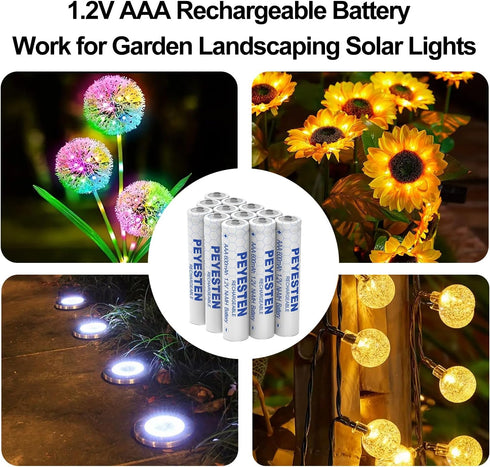 1.2V 600mAh Ni-MH AAA Rechargeable Batteries, Triple A Batteries for Outdoor Solar Lights, String Lights, Pathway Lights, Pre-Charged, 12 Pack