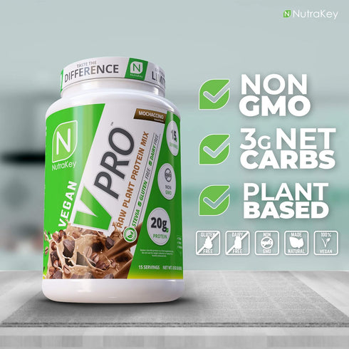 NutraKey V-Pro Raw Plant Protein Powder, Organic, Vegan, Low Carb, Gluten Free, 20g Protein (Mocha) 2-Pound