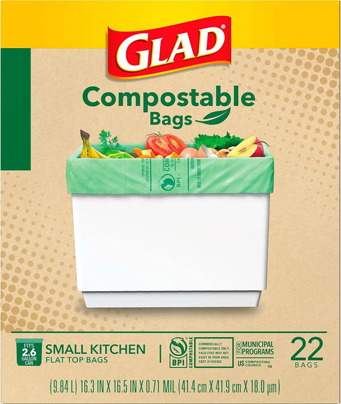 Glad Kitchen Compost Bags, 100% Compostable, 2.6 Gallon Unscented - 22 Count