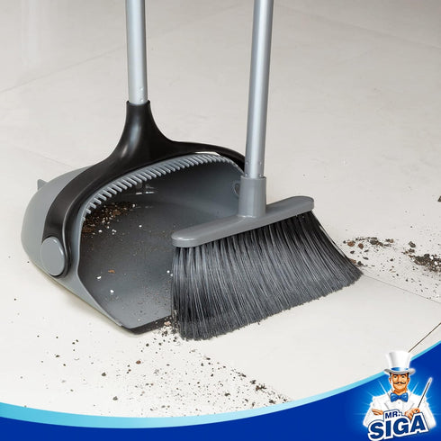 MR.SIGA Gray Broom and Dustpan Set with Adjustable Long Handle, Upright Combo for Floor Cleaning Lobby