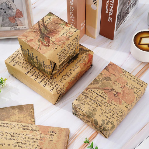 AnyDesign 12 Sheet Vintage Floral Wrapping Paper | 19.7 x 27.6 Inch | Retro Newspaper Kraft Gift Wrap Bulk