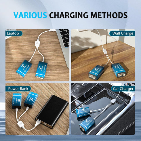 LP 9V Rechargeable Battery Pack, 2-Pack 800mAh Li-ion USB Battery with Micro USB Charging Port for Alarms, Toys,