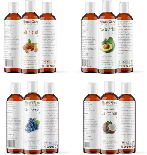 Set 4 oz. 100% Carrier Oil Variety Cold Pressed Pure Natural Sweet Almond, Avocado, Coconut Fractionated, Grapeseed.