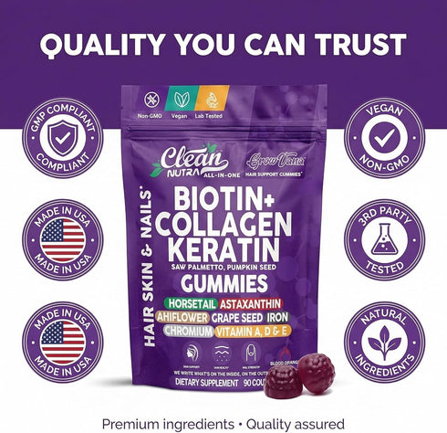 Gummies Horsetail 90 Count GrowVana Hair Growth for Women Biotin Collagen Keratin Saw Palmetto Astaxanthin Iron Zinc