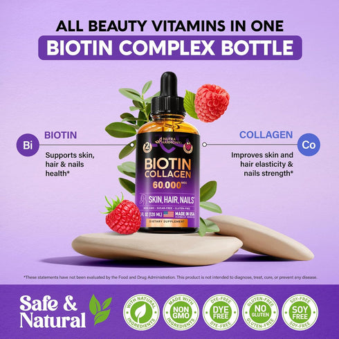 Liquid Biotin & Collagen - Extra Strength 60000 mcg Drops for Hair Growth Support, Strong Nails, Healthy Skin - B7