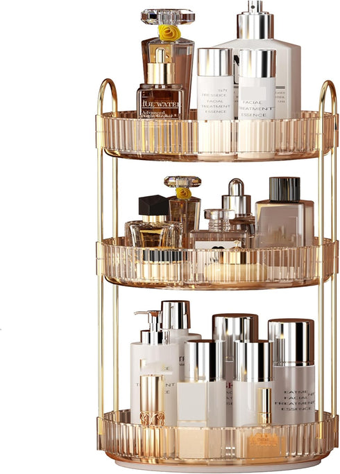 YCIA&DONE 360 Rotating Makeup Organizer - 3 Tiers High Capacity Cosmetic Skincare Perfume Storage for Vanity, Amber Gold