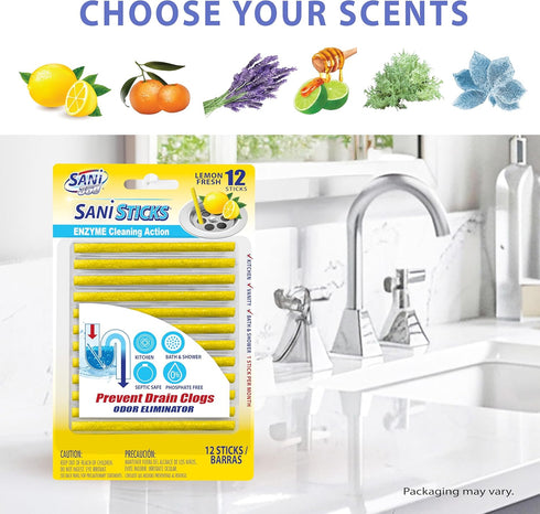 SANI 360° Drain Cleaner and Deodorizer, 48 Count, Lemon Scent Enzyme Pipe Cleaners, Safe for Sinks