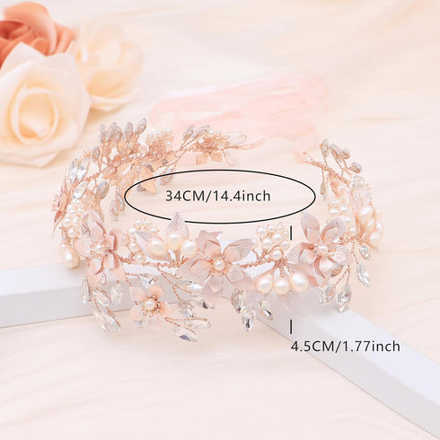 Oriamour Bridal Headpiece Wedding Headband with Flower Design, Genuine Freshwater Pearls & Ribbons (Rose Gold)