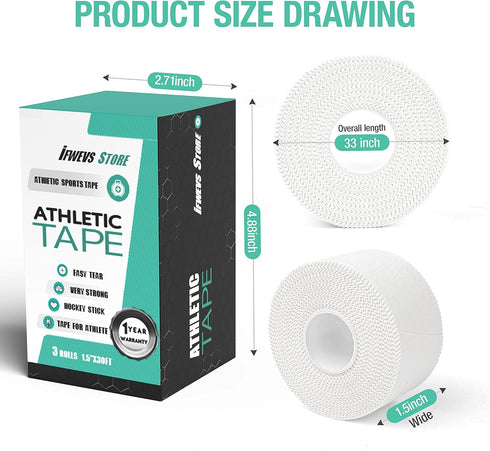 (3 Pack) White Athletic Sports Tape, Very Strong Easy Tear No Sticky Residue Tape for Athletes & Sport Trainers & First