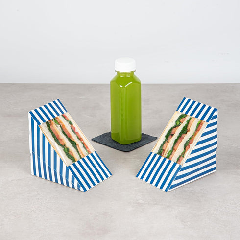 Restaurantware Cafe Vision Sandwich Paper Boxes - 25 Large Disposable Wedge Boxes with Window, Blue and White