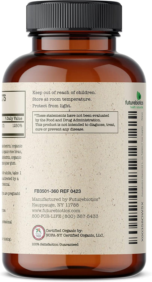 Futurebiotics Vitamin D3 5,000 IU (125 MCG), 360 Organic Tablets, Supports Healthy Immune Response, 1 Year Supply