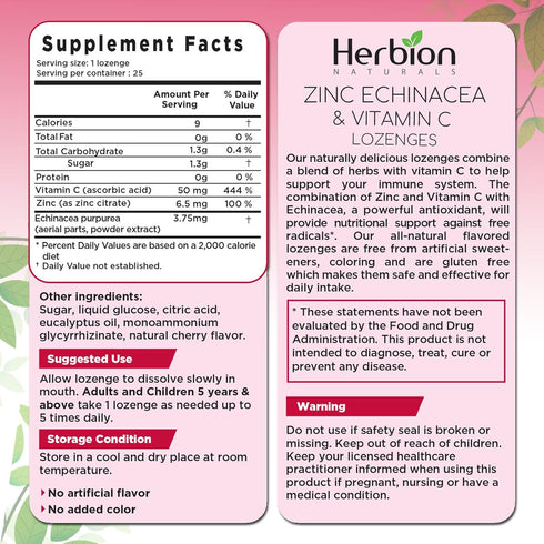 Herbion Naturals Zinc, Echinacea and Vitamin C Lozenges with Natural Cherry Flavor - 25 CT – Dietary Supplement – Supports Immune System – Promotes Overall Good Health for Adults and Children 5+