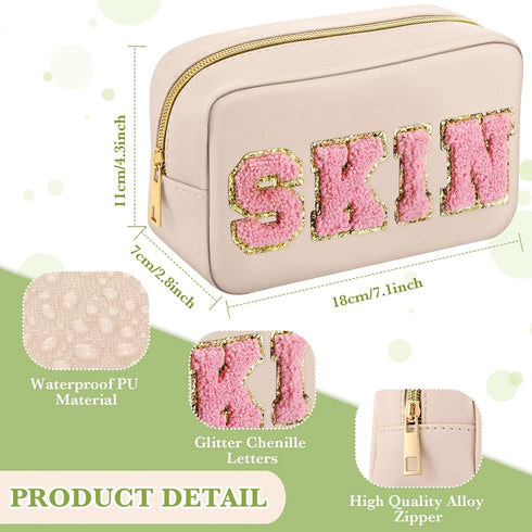 Sanwuta 4 Pcs Chenille Bag Preppy Patch Makeup Bag, Waterproof Portable Pouch in Beige, Khaki, Pink, Nude Pink