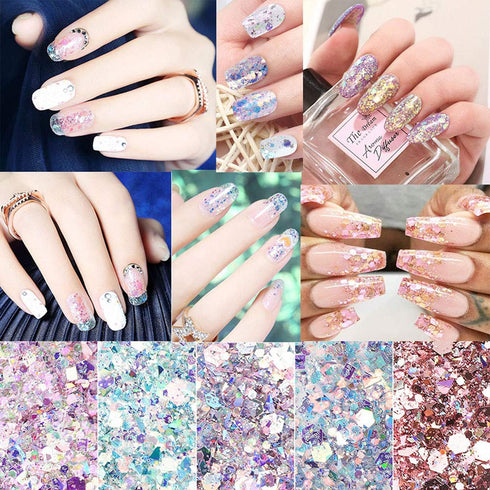 Holographic Nail Glitter Flakes - Mermaid Powder Nail Art Decorations and 3D Sequins for DIY Manicure
