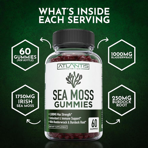 Irish Sea Moss Gummies 3000MG - 60 Gummies with Irish Sea Moss, Bladderwrack & Burdock Root for Essential Vitamins