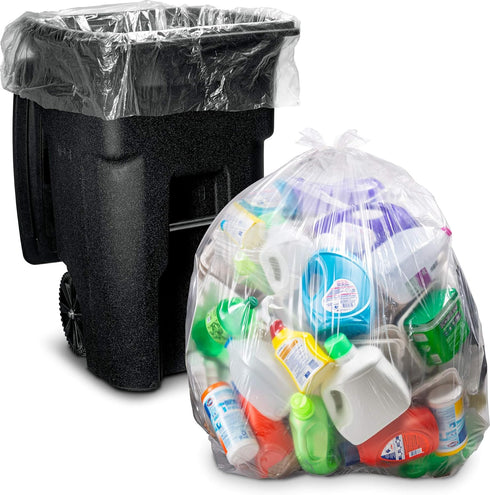 Heavy Duty Clear 95-96 Gallon Trash Bags, Huge Value Pack, 25 Bags w/Ties, Extra Large Recycling Trash Bags