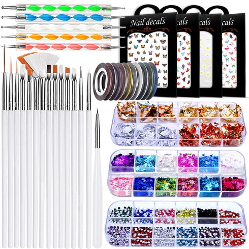 Nail Art Brushes & Decorations Kit, 3D Nail Art Tools, Glitters, Stickers, Rhinestones, Foil, and Striping Tapes