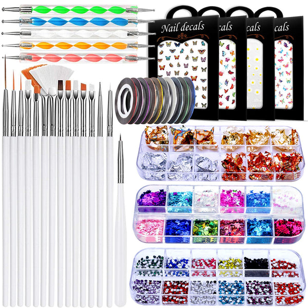Nail Art Brushes & Decorations Kit, 3D Nail Art Tools, Glitters, Stickers, Rhinestones, Foil, and Striping Tapes