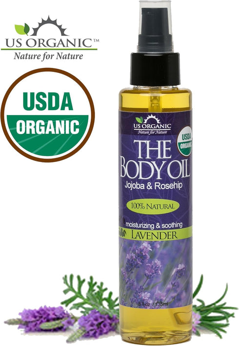 US Organic Body Oil - Elegant Lavender - Jojoba and Rosehip Oil, Certified Organic, 5 Fl.oz.