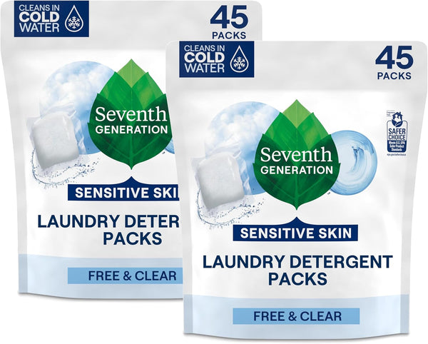 Seventh Generation Laundry Detergent Packs, Free & Clear, 90 Loads, 2 Pouches, 45 Ct Each