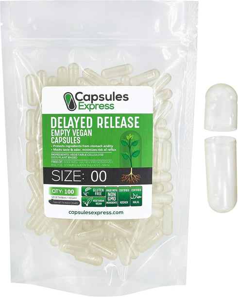 XPRS Nutra Delayed Release Size 00 Empty Capsules - 100 Count Clear Vegan Capsules for DIY Supplements