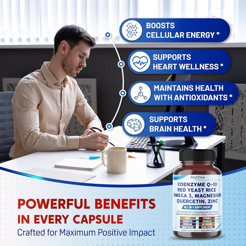 Coenzyme Q-10 200mg, Red Yeast Rice 5000mg, Quercetin 600mg, Magnesium Malate, Glycinate, Citrate - Made in USA