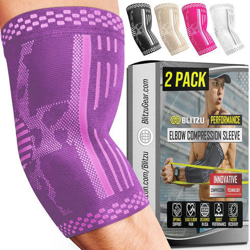 BLITZU 2 Pack Elbow Brace Support, Compression Sleeve for Golfer's and Tennis Elbow Pain Relief