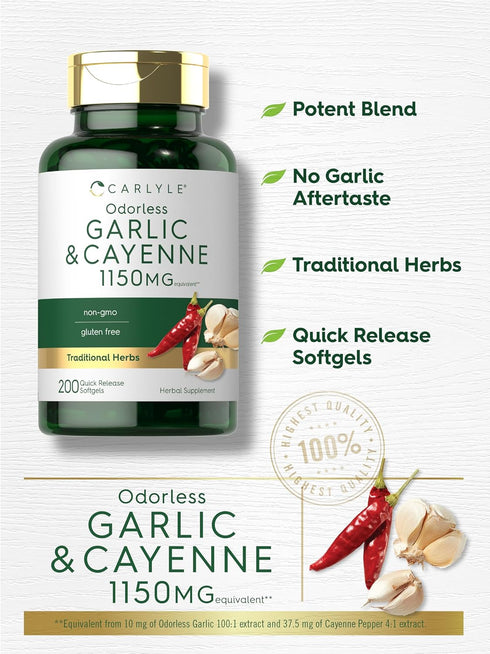 Carlyle Garlic and Cayenne 1150mg | 200 Softgels | Non-GMO, Gluten Free Dietary Supplement