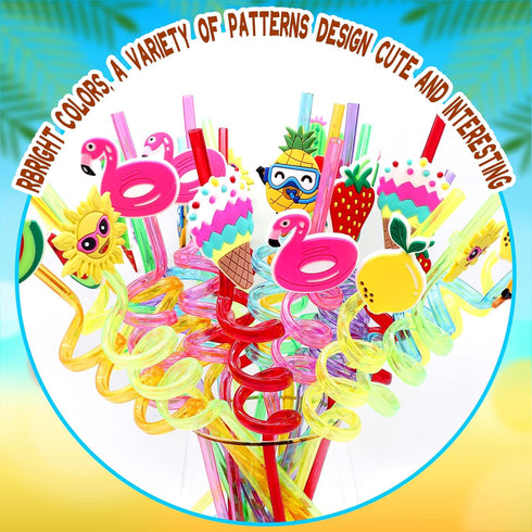 Summer 24 Pack Reusable Drinking Straws for Pool Party Decorations, Beach Fruit Party Favors, Hawaiian Themed Goodie