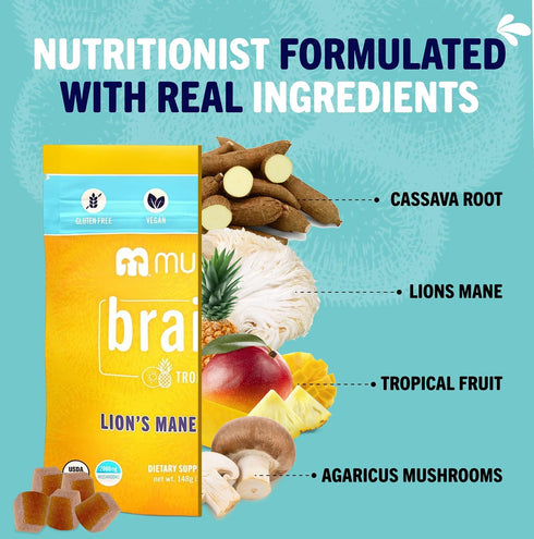 Mushie 100% Gummies 2000mg (75mg 60 Gummies Organic Lions Mane Mushroom - A & B-Glucans) for Brain Health, Focus