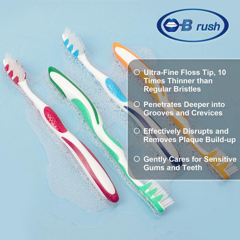 Pack 4 B Rush Extra Soft Toothbrushes for Adults -Tapered Bristles Flossing Toothbrush for Sensitive Teeth and Receding