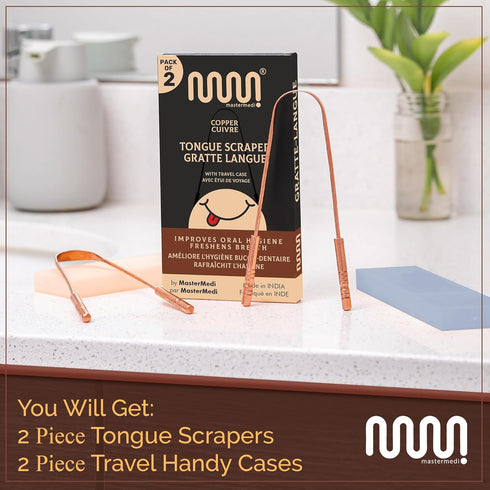 MasterMedi Tongue Scraper with Case - Easy to Use for Adults, Copper Set of 2, Tongue Cleaner for Oral Care & Hygiene