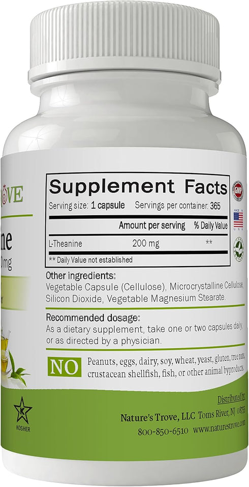 Nature's Trove L-Theanine 200mg Super Value Size - 365 Vegetarian Capsules